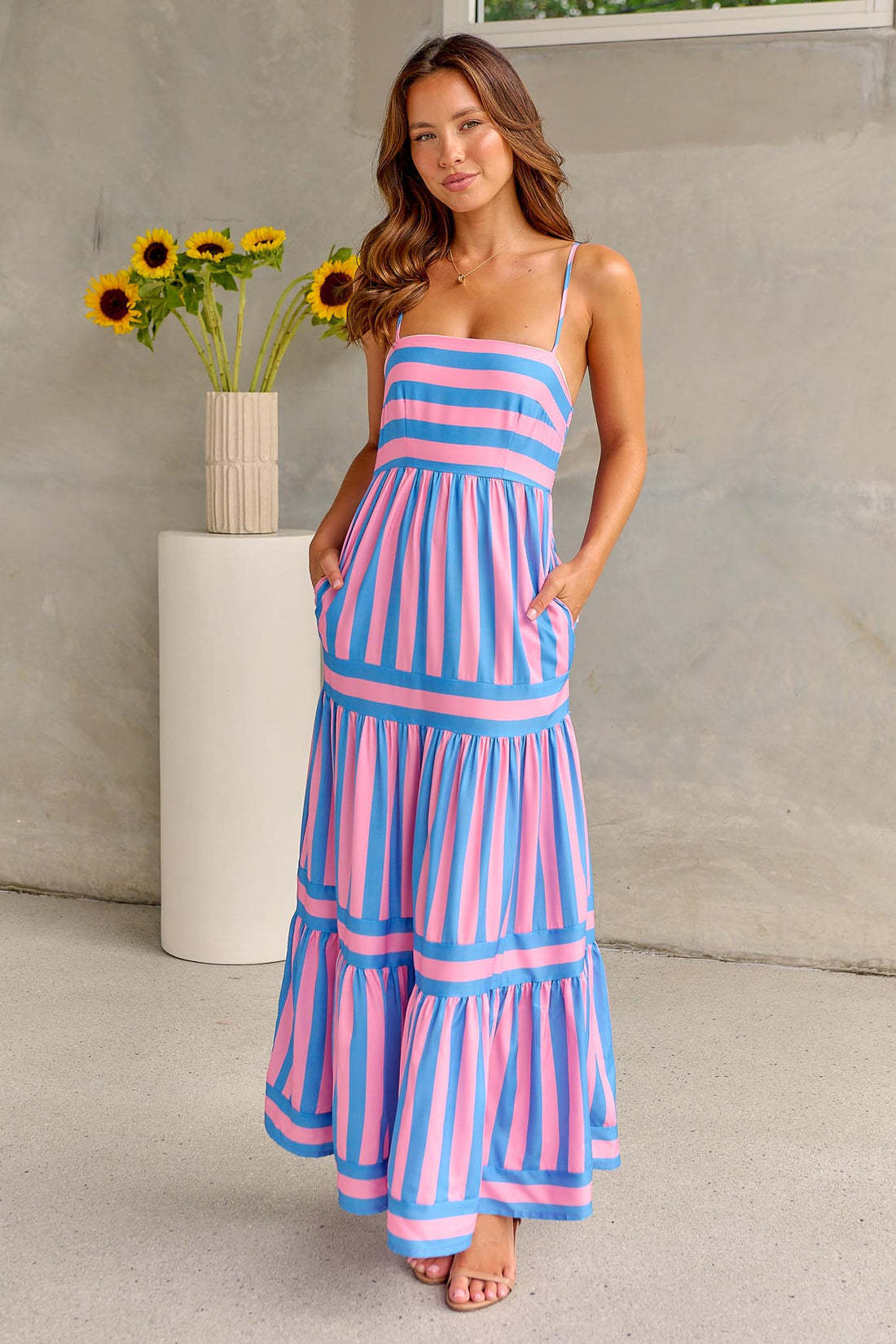 Summer Striped Printed Suspender Long Dress With Pockets Fashion Square Neck Backless Dresses For Beach Vacation Women Clothing - Nyaabs