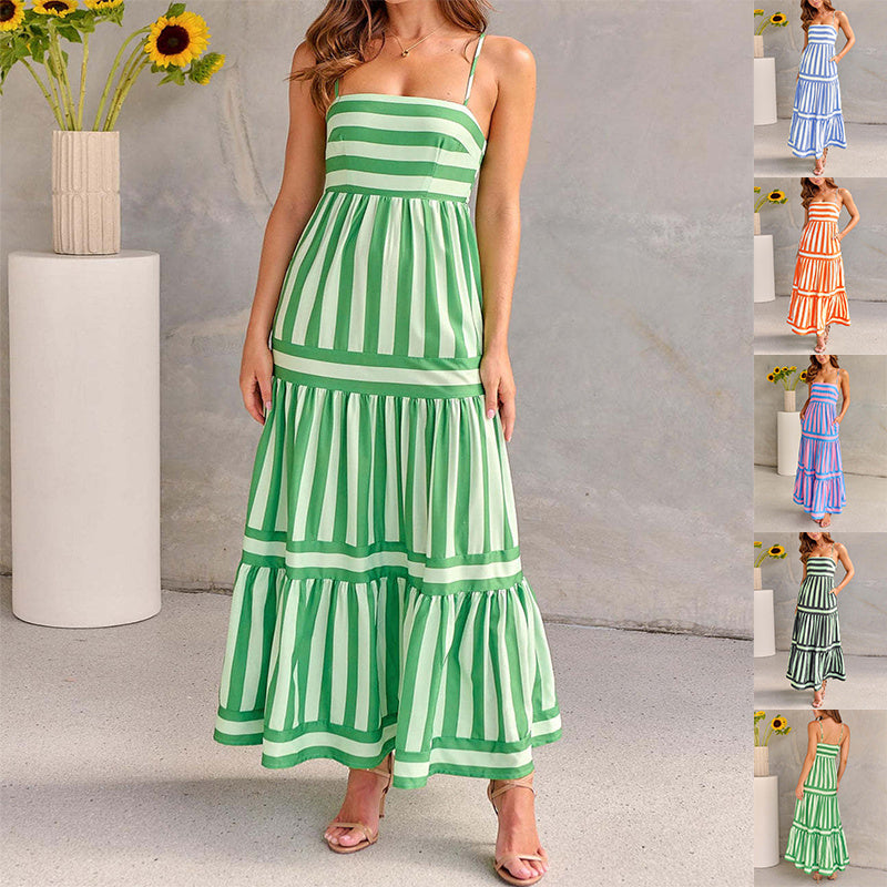 Summer Striped Printed Suspender Long Dress With Pockets Fashion Square Neck Backless Dresses For Beach Vacation Women Clothing - Nyaabs