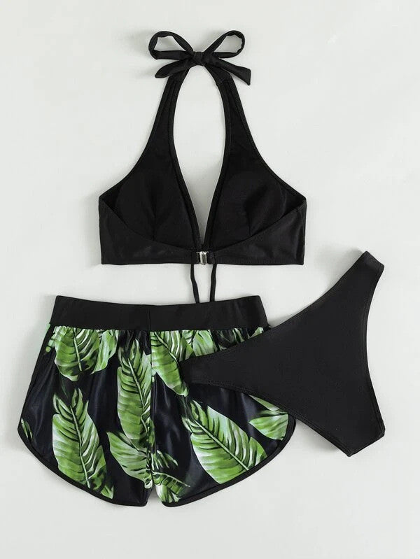 3pcs Leaf Print Bikini With Shorts Fashion Summer Beach Swimsuit Womens Clothing - Nyaabs