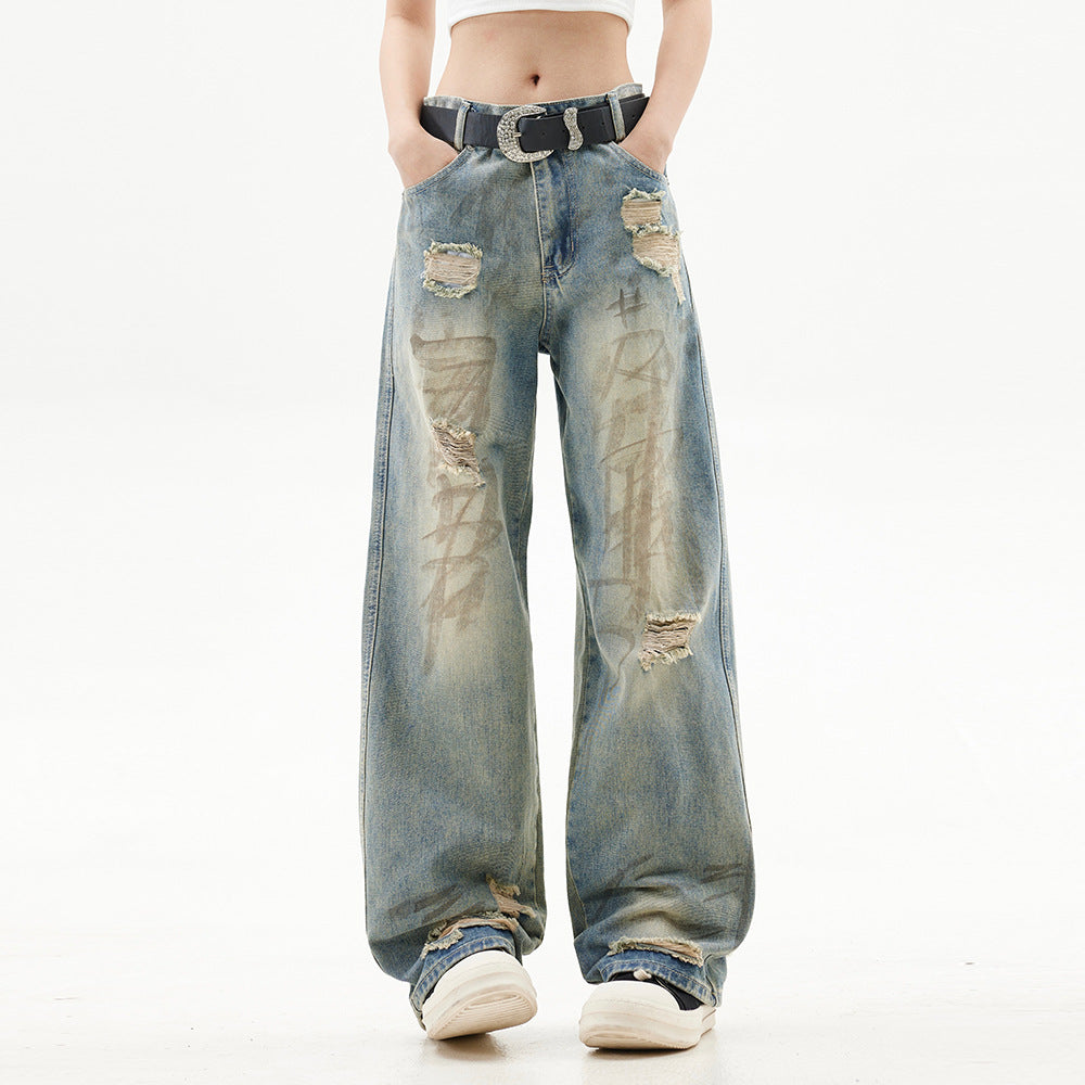 Graffiti Distressed Dirty Ripped Denim Trousers - Nyaabs