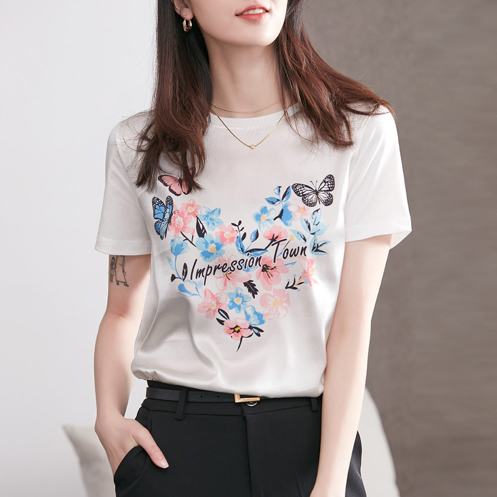 Silk T-shirt Women Short-sleeved Butterfly Love Printing Heavy Satin Stitching - Nyaabs