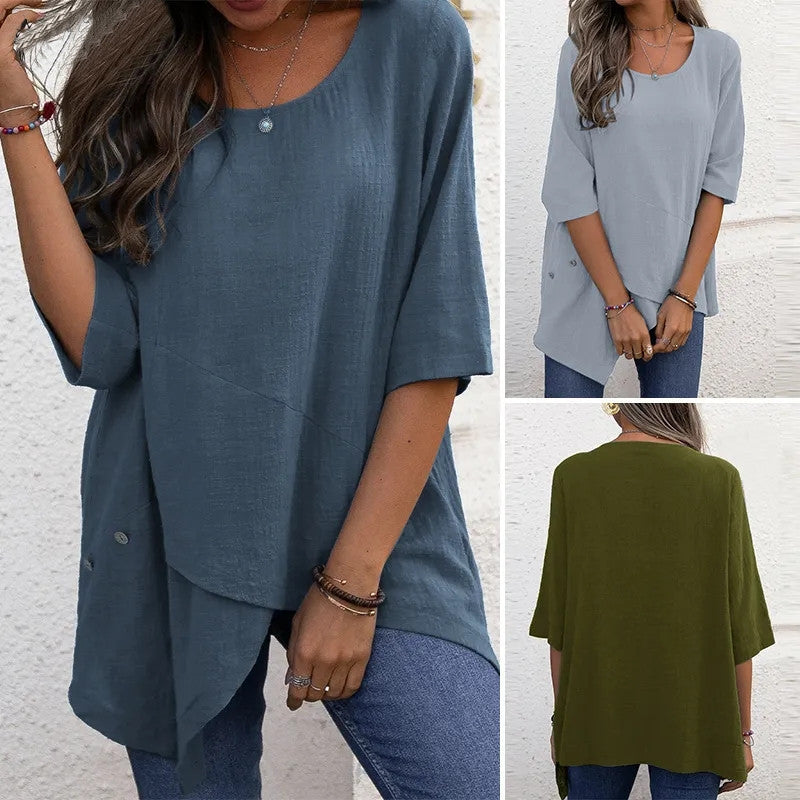 Cotton Linen Round-neck Irregular Shirt Half Sleeve Shirt - Nyaabs