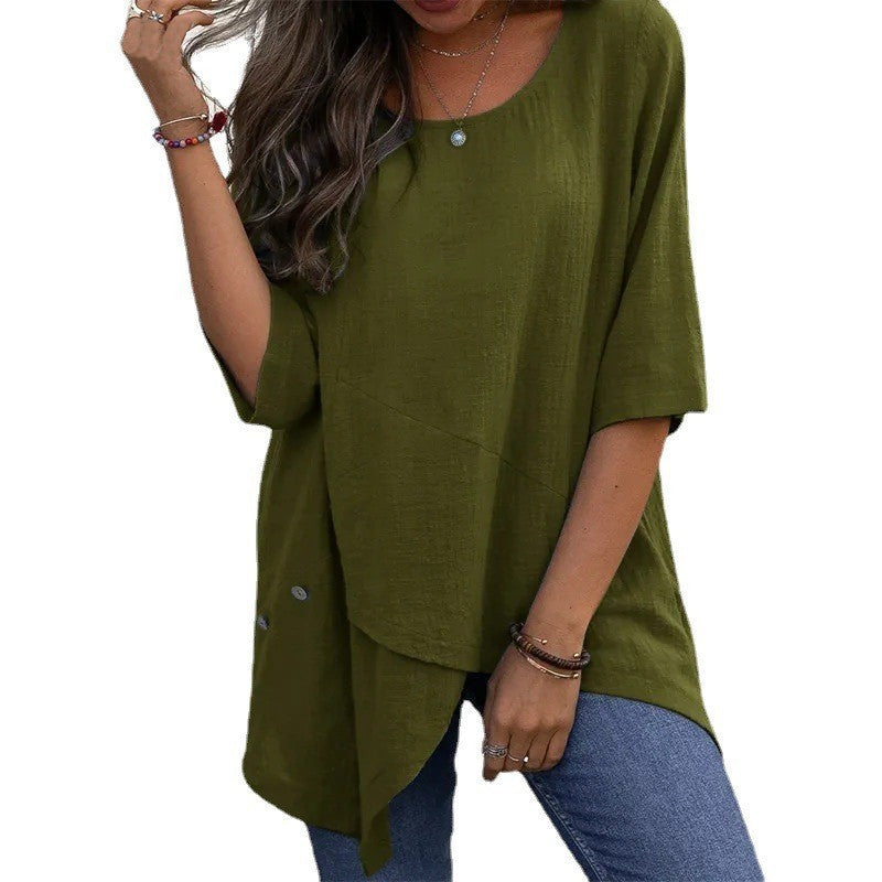 Cotton Linen Round-neck Irregular Shirt Half Sleeve Shirt - Nyaabs