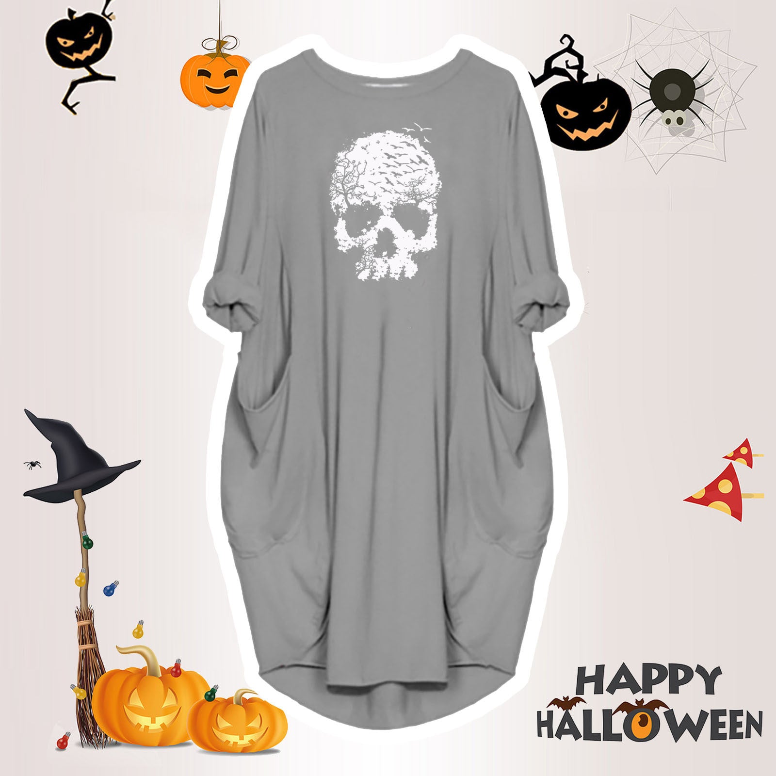 Women's Halloween Loose Fun Graphic Print Crew Neck Dress nyaabs.com