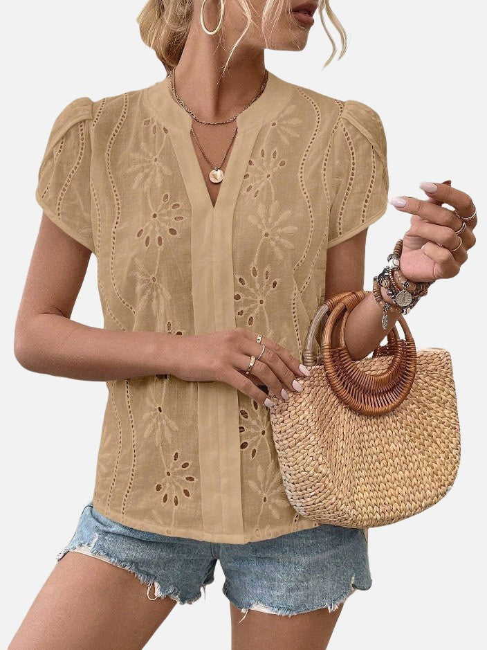 Women's Solid Color Hollow Embroidered Top - Nyaabs