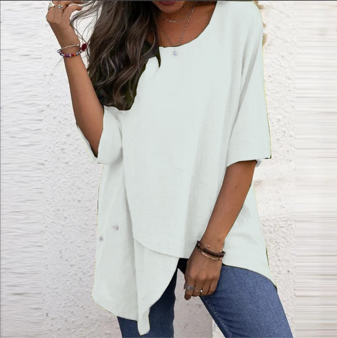 Cotton Linen Round-neck Irregular Shirt Half Sleeve Shirt - Nyaabs