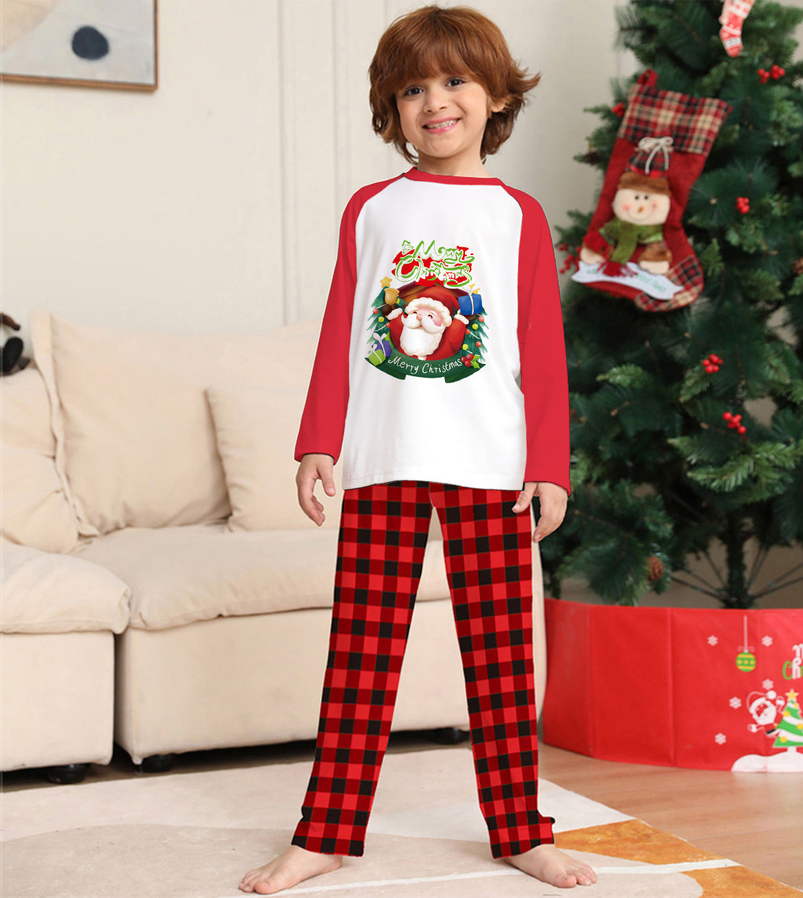 Christmas Parent-Child Clothes Set Long Sleeve T-Shirt Plaid Pants Family Matching Pajamas - Nyaabs