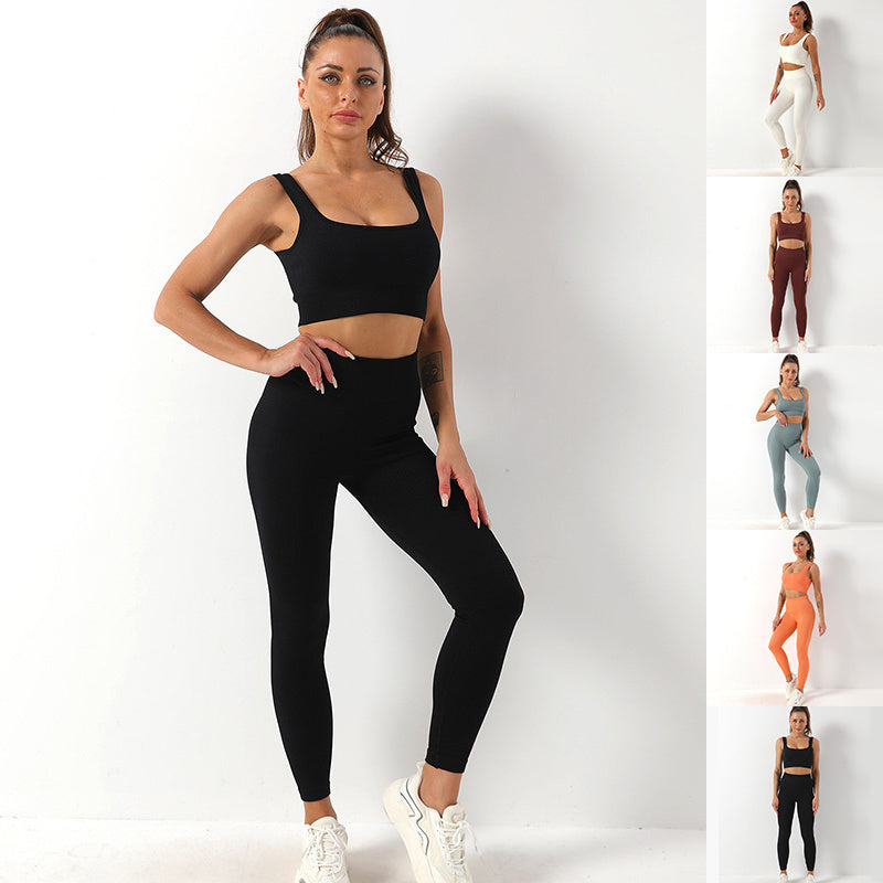 2pcs Thread Yoga Suit Seamless Bra And Butt Lifting High Waist Leggings Set For Women Sports Fitness Yoga Pants Sportswear Outfits Clothing - Nyaabs