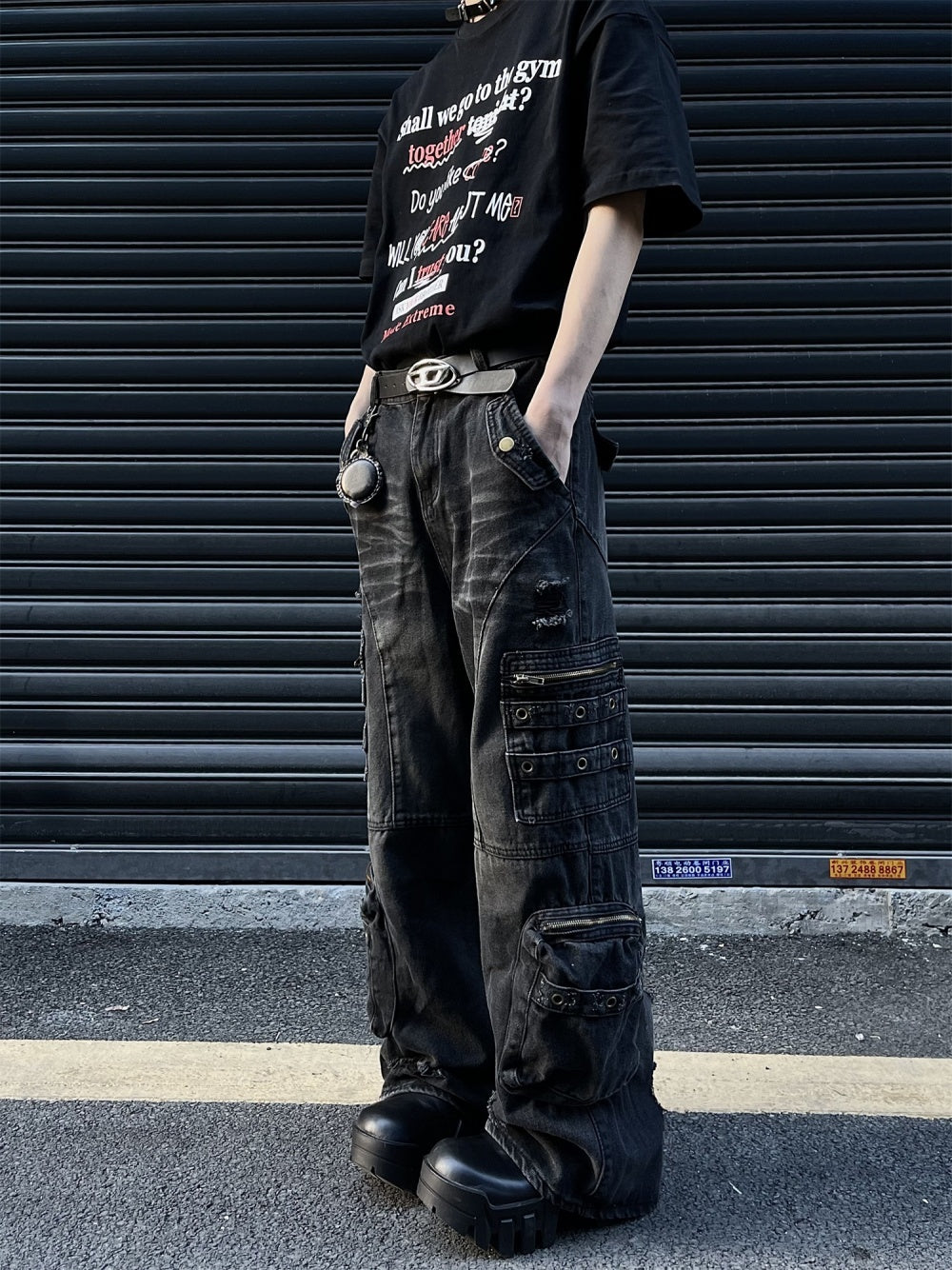 Retro Tattered Jeans Big Pocket Jeans Loose-fitting Wide-leg Trousers - Nyaabs