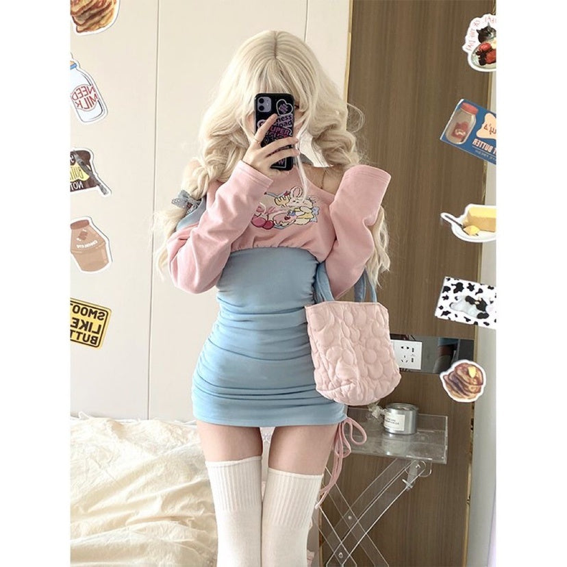 Women's Pink Blue Long Sleeved Slimming Waist Dress - Nyaabs