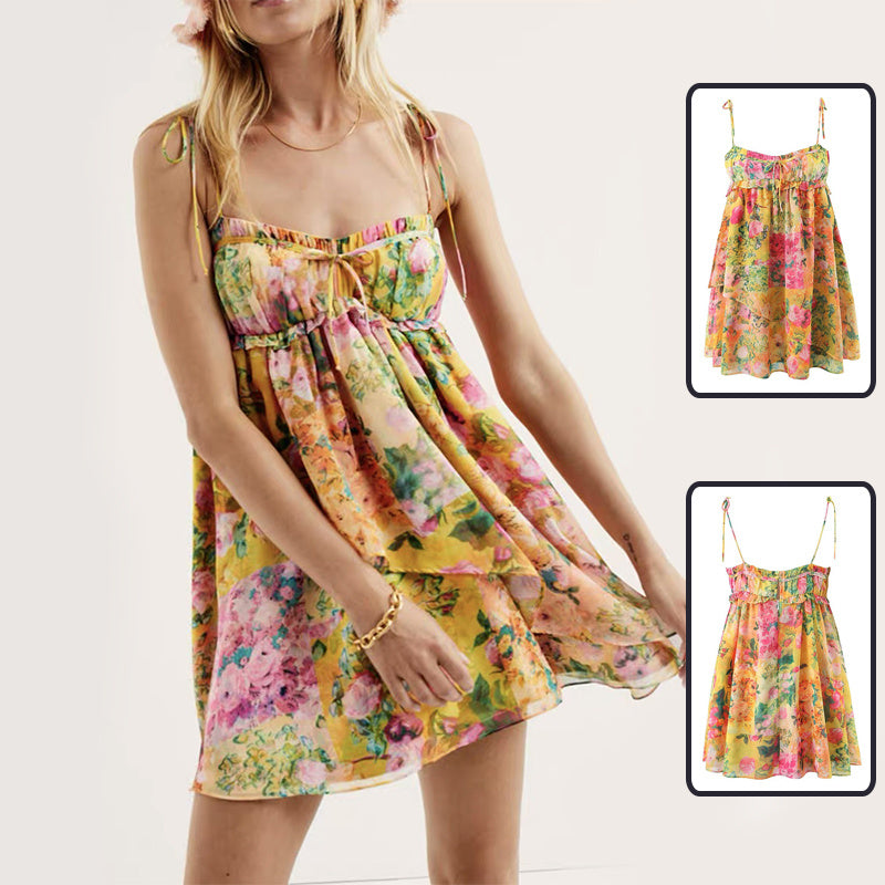 Y2K Flowers Print Suspender Dress Summer Fashion Ruffled Holiday Beach Short Dresses Womens Clothing - Nyaabs