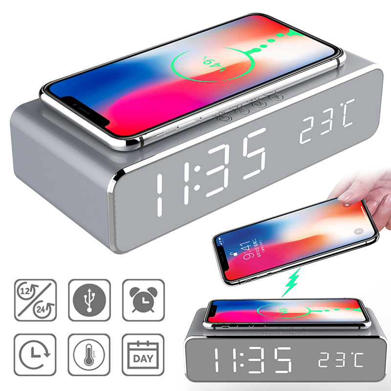 LED Electric Alarm Clock With Wireless Charger Desktop Digital Despertador Thermometer Clock HD Mirror Clock Watch Table Decor - Nyaabs