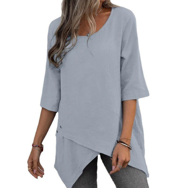 Cotton Linen Round-neck Irregular Shirt Half Sleeve Shirt - Nyaabs