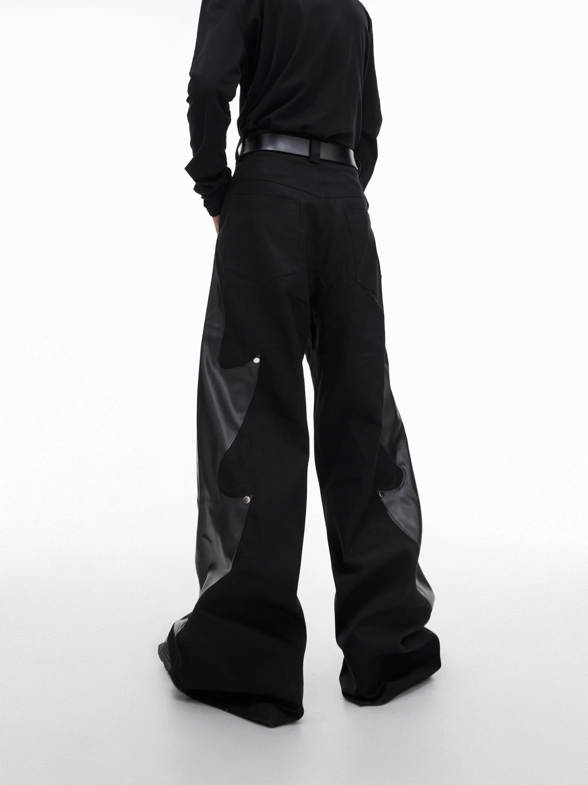 Niche Structured Leather Patchwork Flame Rivet Trousers - Nyaabs