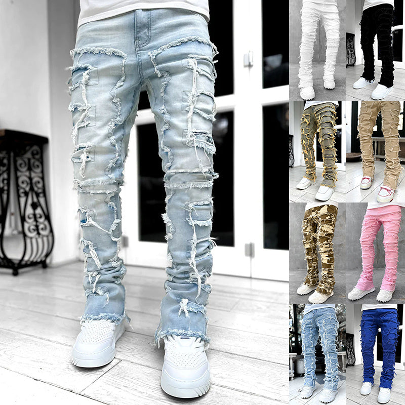 Men Trousers Individual Patched Pants Long Tight Fit Stacked Jeans For Mens Clothing - Nyaabs