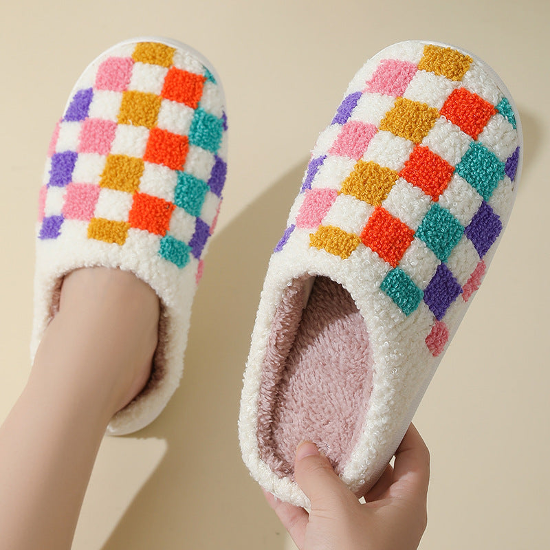 Fashion Colorful Checkerboard Home Slippers Couples Floor Bedroom Slipper Winter Warm Indoor House Shoes For Women And Men - Nyaabs