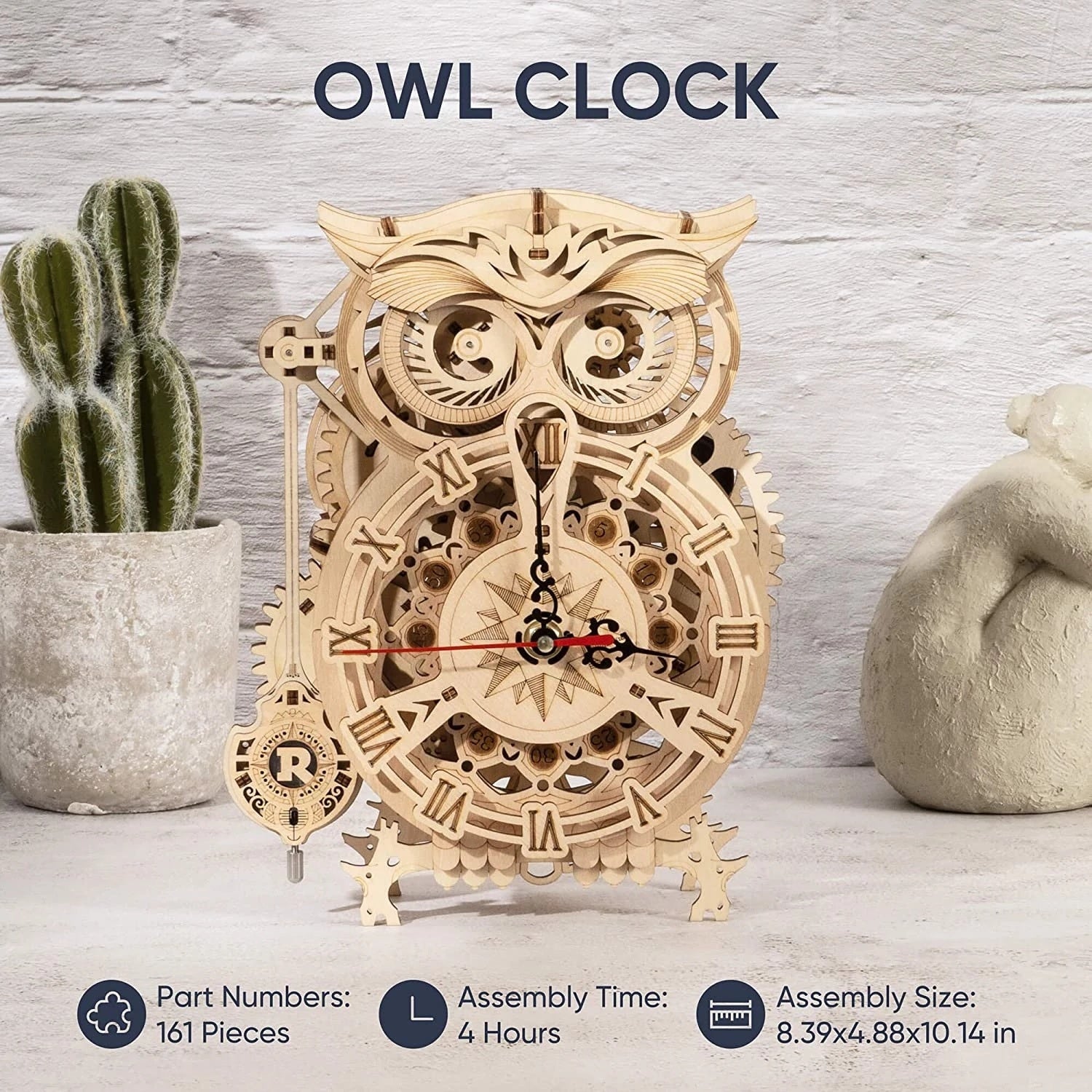 Robotime Rokr Creative DIY Toys 3D Owl Wooden Clock Building Block Kits For Children Christmas Gifts Home Decoration LK503 - Nyaabs