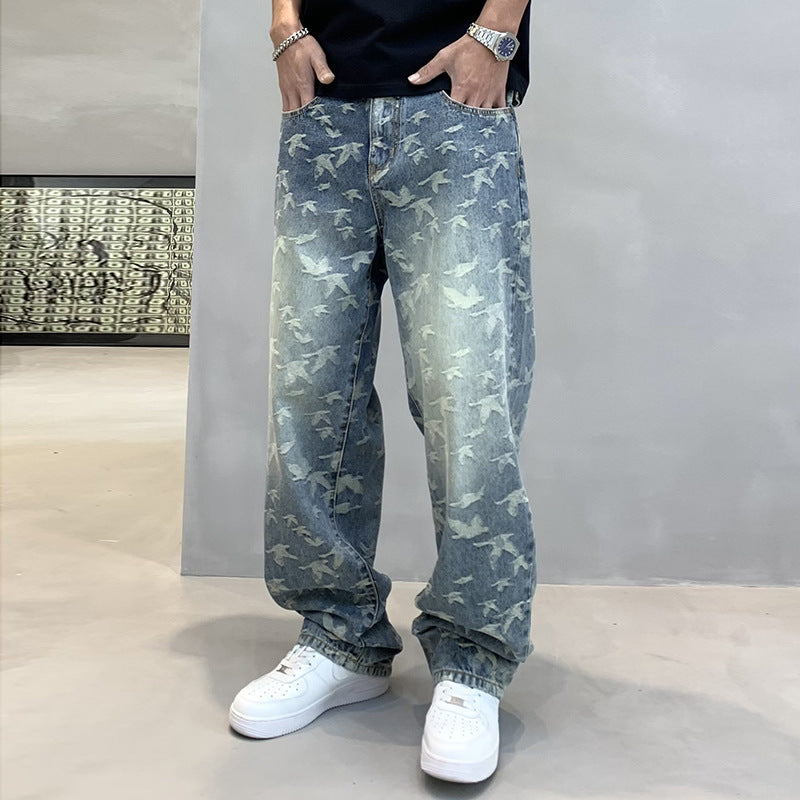 Men's Personalized Bird Jacquard Embroidery Denim Straight-leg Pants - Nyaabs