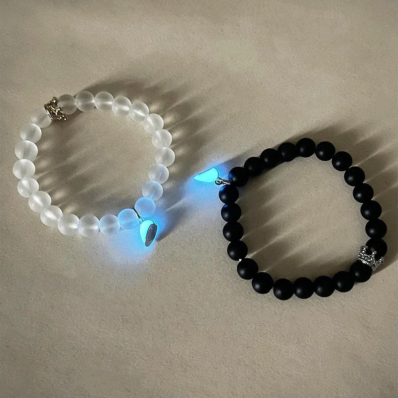 Fashion Jewelry 2pcs Handmade Crown Beaded Charms Bracelet Luminou Heart Glow In The Dark Couple Bracelet For Lover Men Women Fluorescent Gift - Nyaabs