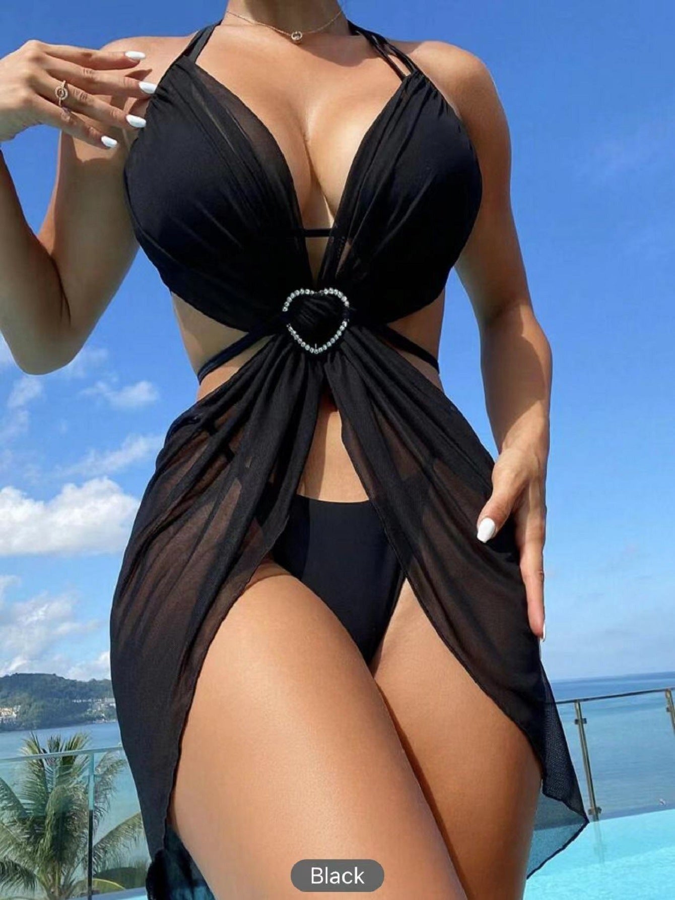 3pcs Halter Neck Bikini Beach Summer Solid Color Split Swimsuit Womens Clothing - Nyaabs