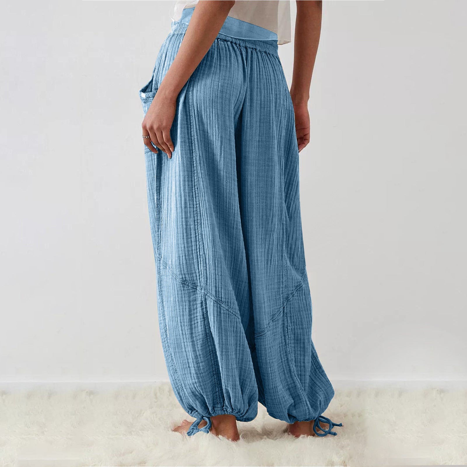 Women's Fashion Solid Color Lace-up Pocket Wide Leg Pants - Nyaabs