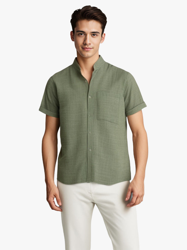 Solid-color Short-sleeved Lapel Shirt Summer Breathable Cotton And Linen Top Mens Clothing - Nyaabs