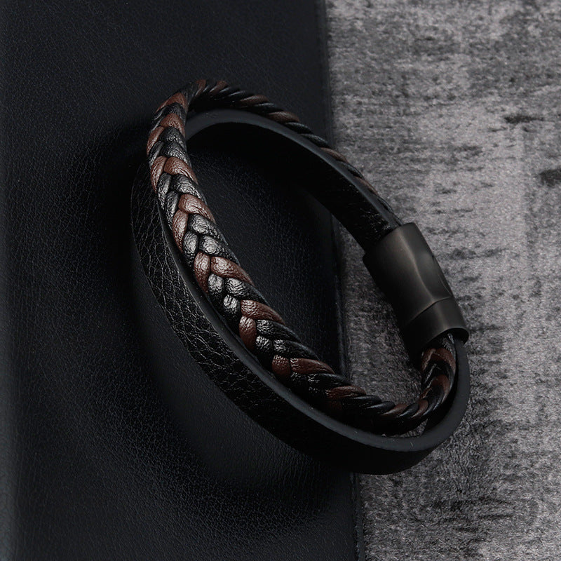 Leather Cord Stainless Steel Braided Bracelet Black Men - Nyaabs