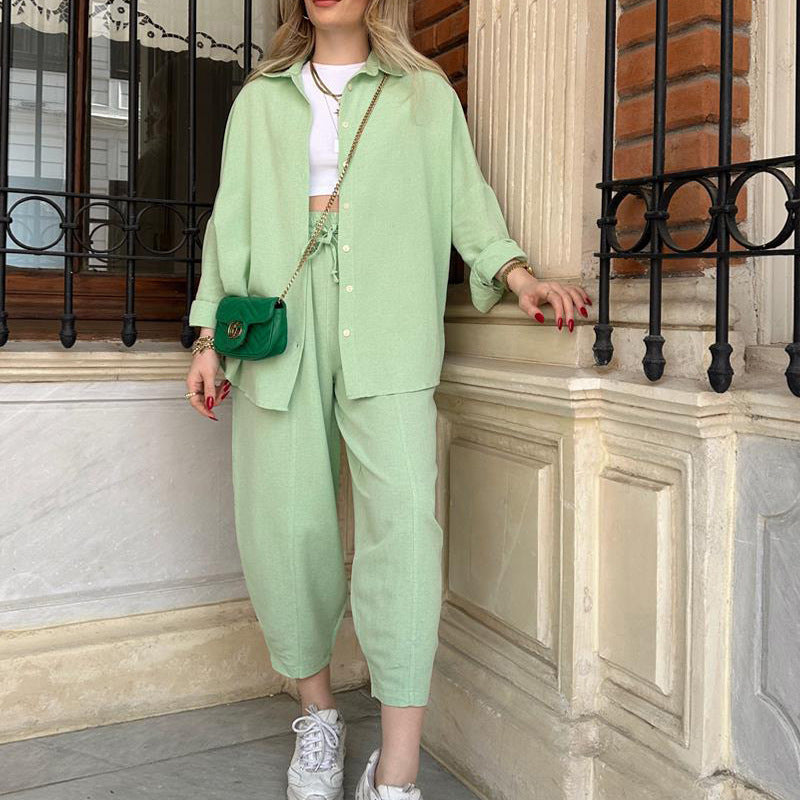 Independent Station Cross-border New Fashion Casual Suit Versatile Loose Shirt High Waist Skinny Pants Two-piece Set - Nyaabs