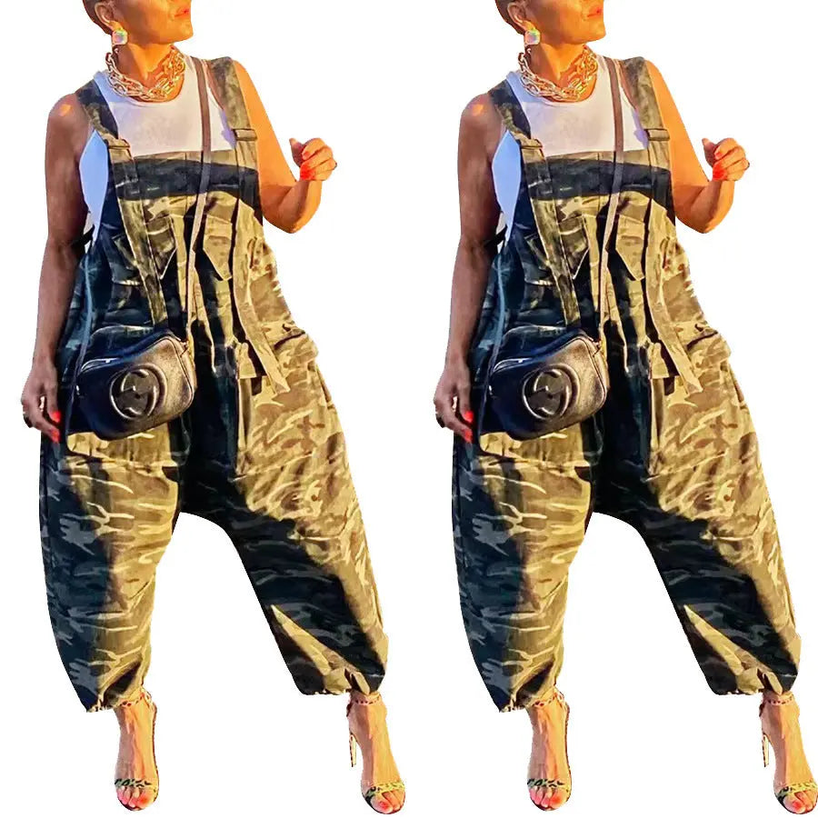 Camouflage Casual Work Clothes Loose Sling Jumpsuit - Nyaabs