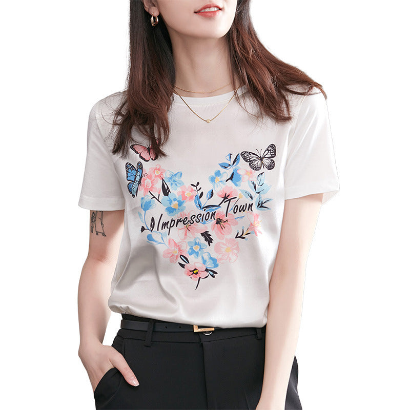 Silk T-shirt Women Short-sleeved Butterfly Love Printing Heavy Satin Stitching - Nyaabs