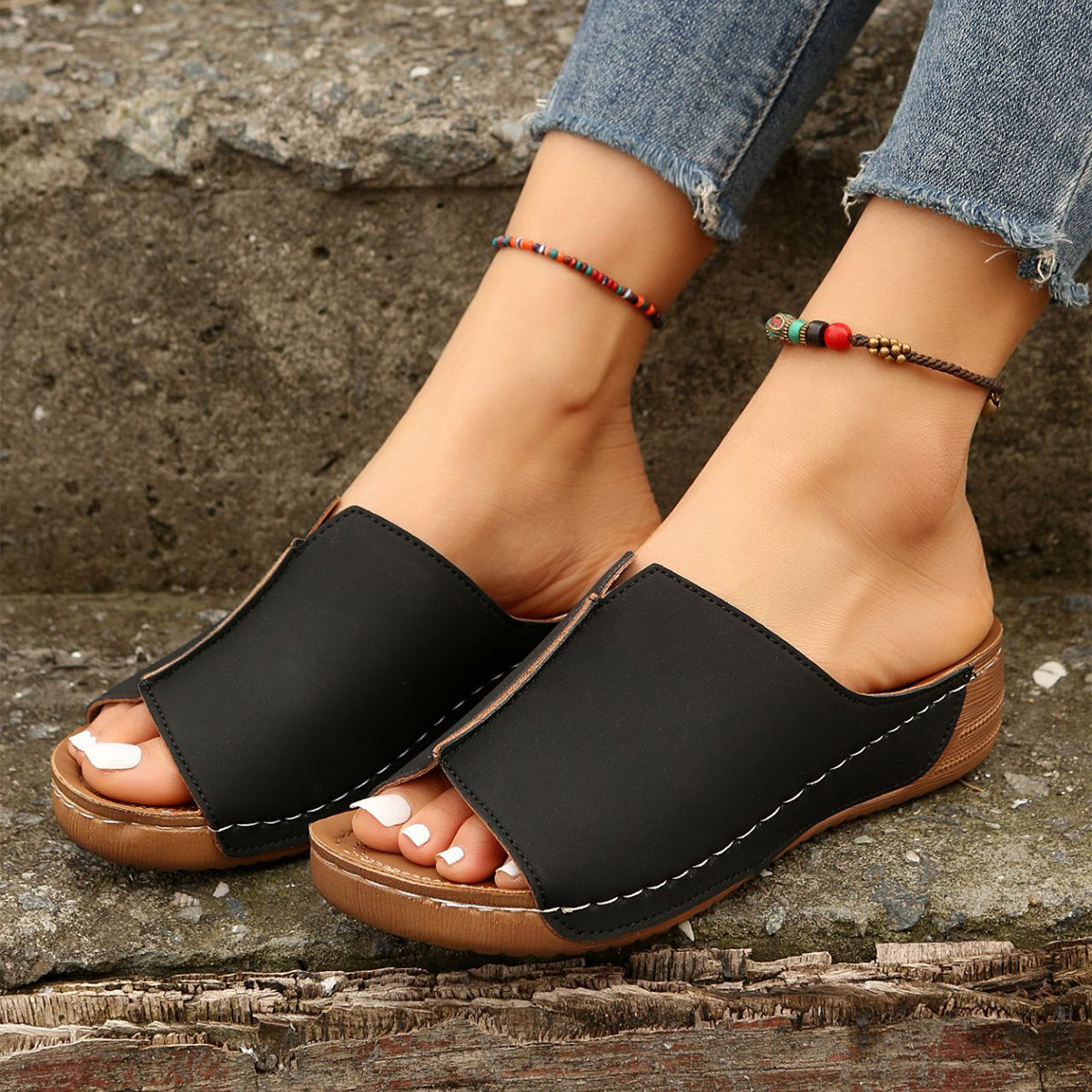 Fashion Solid Wedges Sandals Summer Casual Peep-toe Slippers Outdoor Thick Sole Heightening Slides Shoes Women - Nyaabs