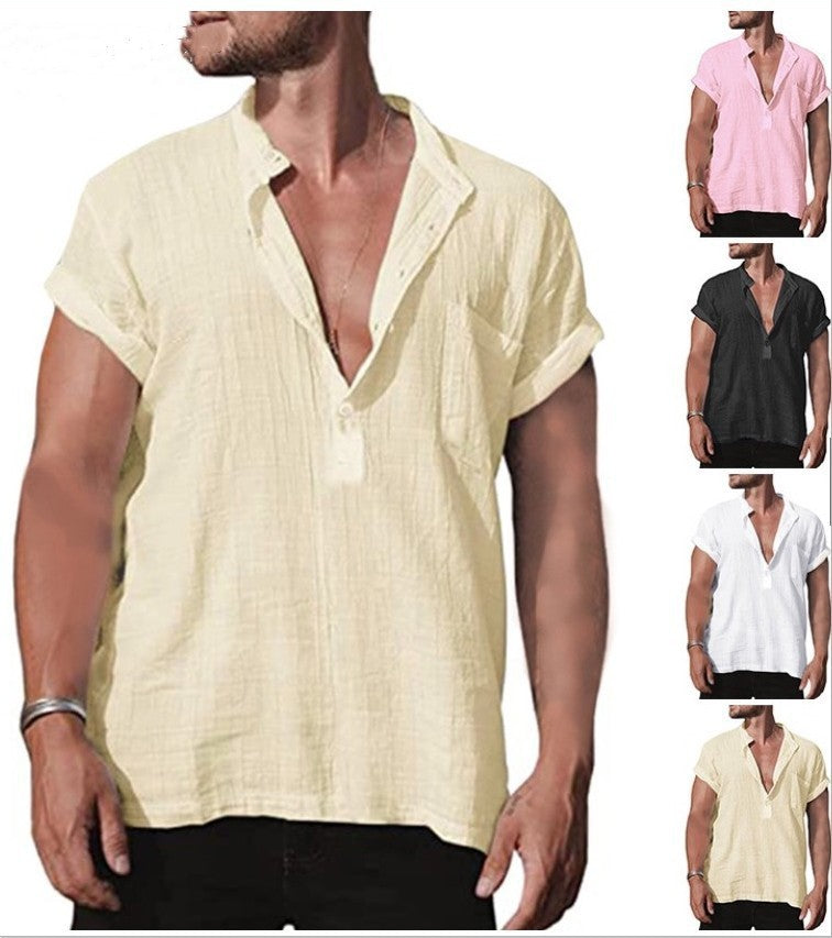 Loose Stand Neck Solid Color Pocket Short Sleeve Shirt My Store