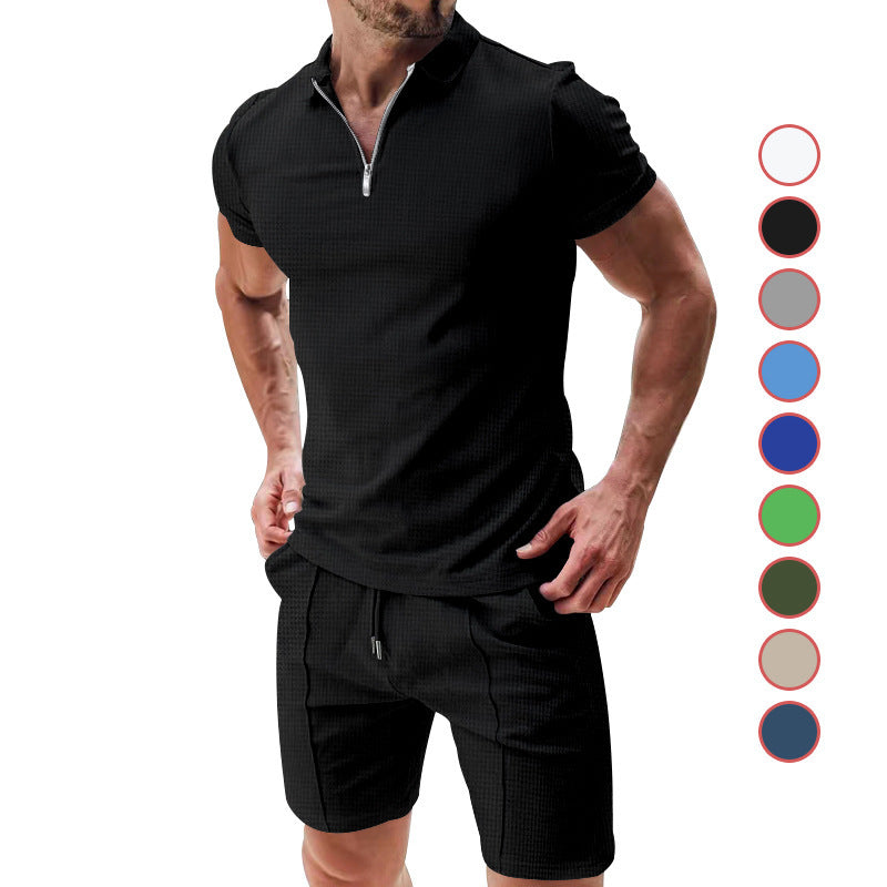 2Pcs Casual Waffle Suit Summer Zipper Lapel Short-sleeved Top And Drawstring Pockets Shorts Versatile Solid Color T-shirt Set For Mens Clothing - Nyaabs