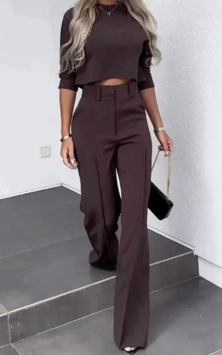 Women's Clothing Solid Color Commute Graceful Half Sleeve Midriff-baring Top High Waist Wide Leg Pants Suit - Nyaabs