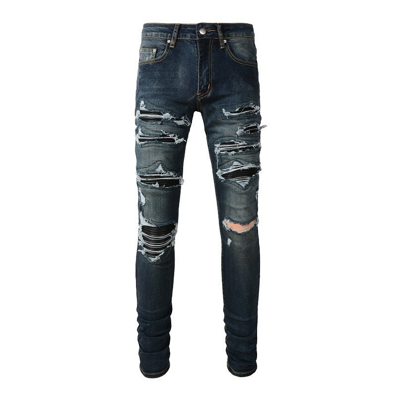 European And American High Street Jeans Blue Ripped Leather Patchwork - Nyaabs