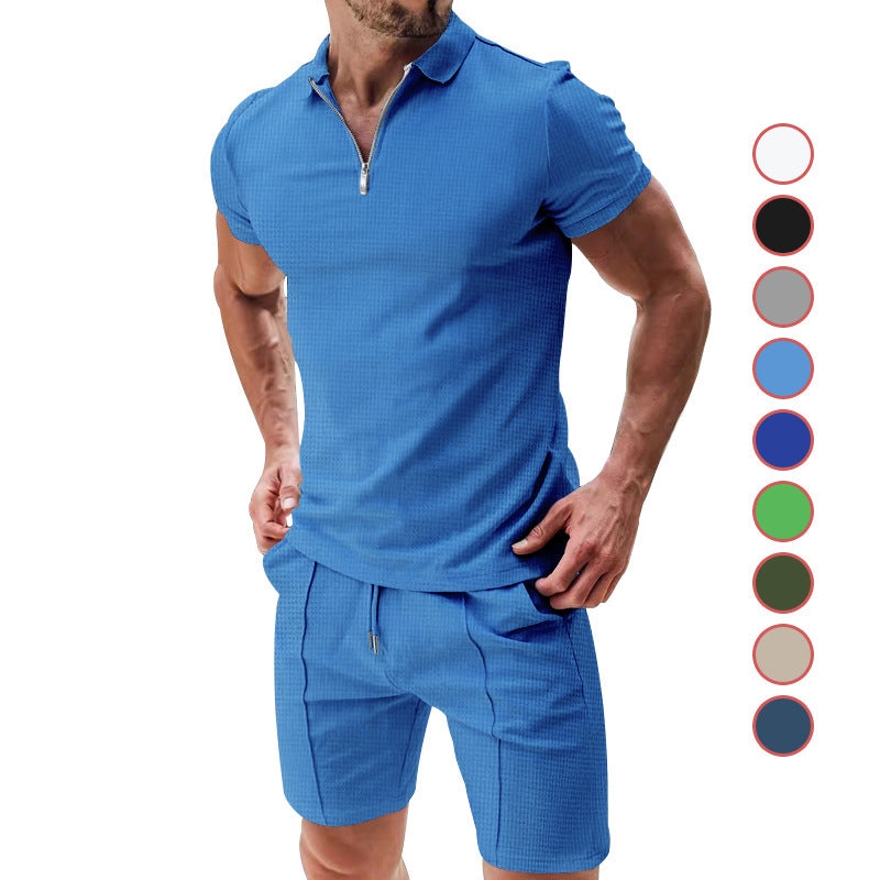 2Pcs Casual Waffle Suit Summer Zipper Lapel Short-sleeved Top And Drawstring Pockets Shorts Versatile Solid Color T-shirt Set For Mens Clothing - Nyaabs