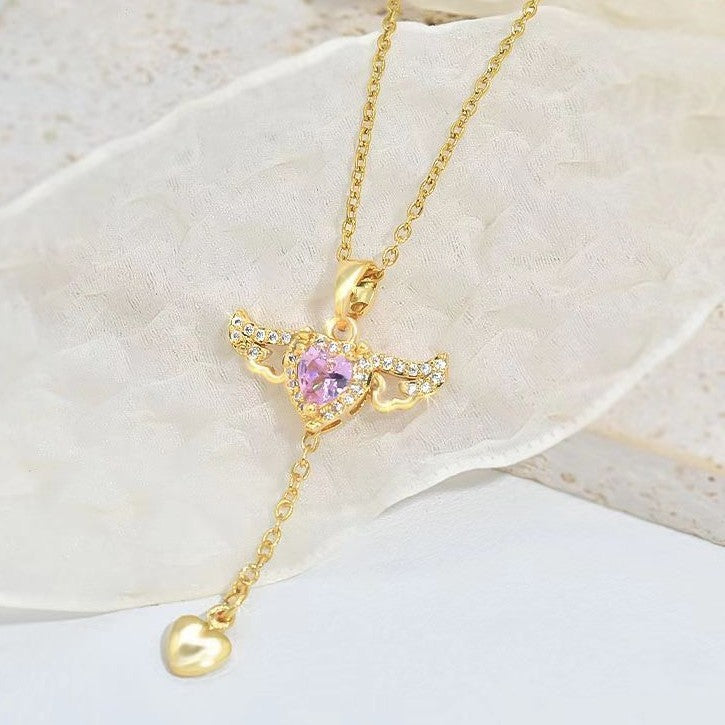 Moving Cupid Heart Angel Wings Tassel Necklace With Crystal Clavicle Chain Women Jewelry Gift Valentine's Day - Nyaabs