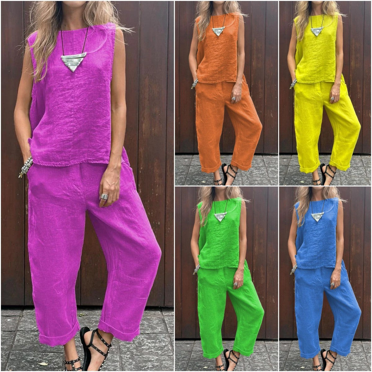 Cotton And Linen Fashion Casual Loose Two-piece Suit Sleeveless Top Loose Trousers Women's Suit nyaabs.com