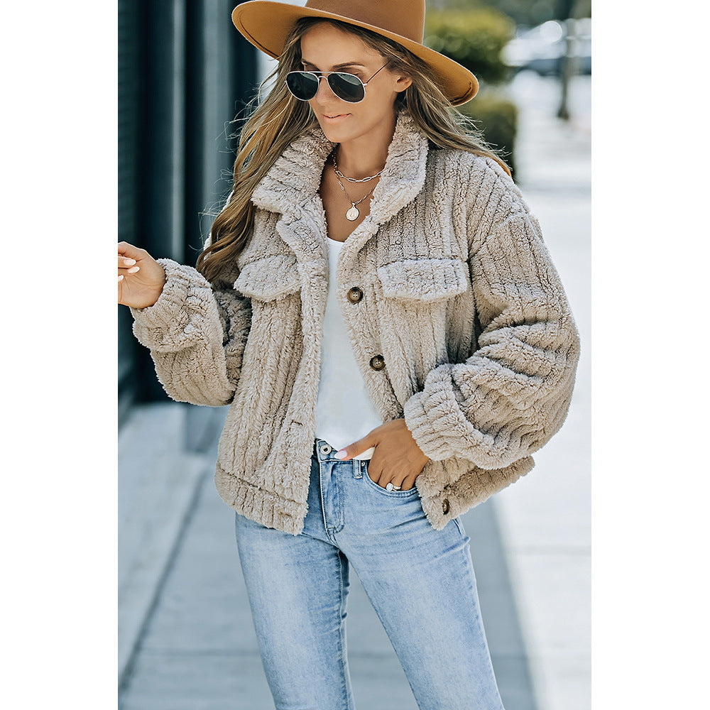 Winter New Khaki Plush Wool Fashion Thick Warm Long Sleeves Coat For Women - Nyaabs