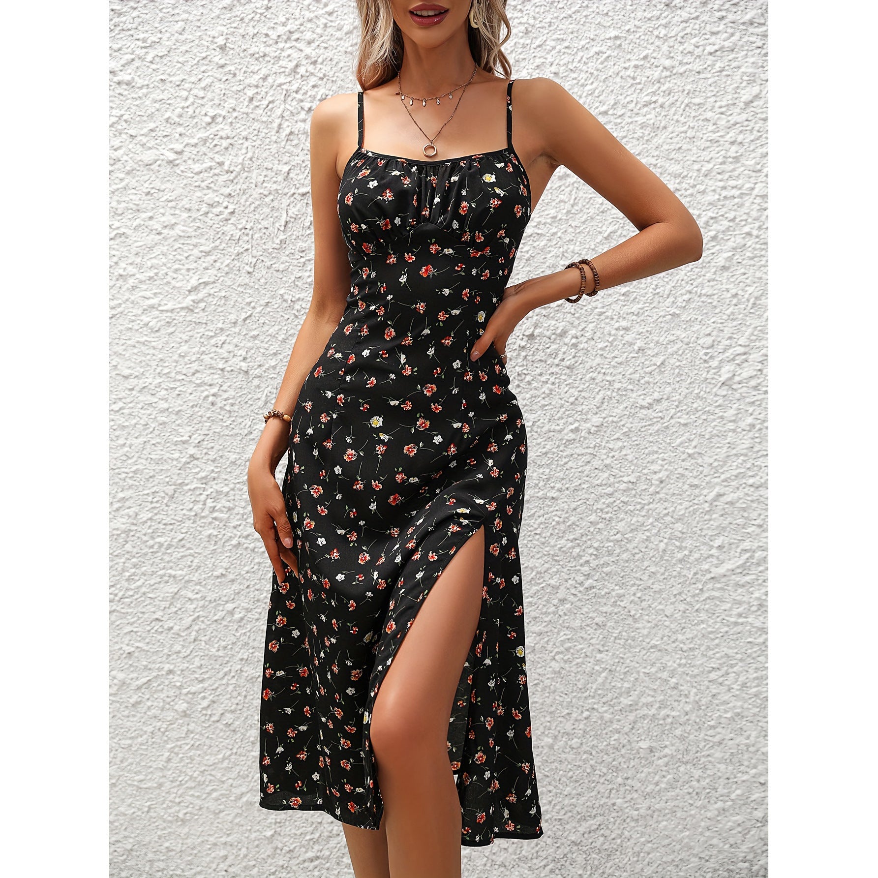 New Polka Dot Print Suspender Dress Summer Sexy Slit Long Dresses For Womens Clothing - Nyaabs