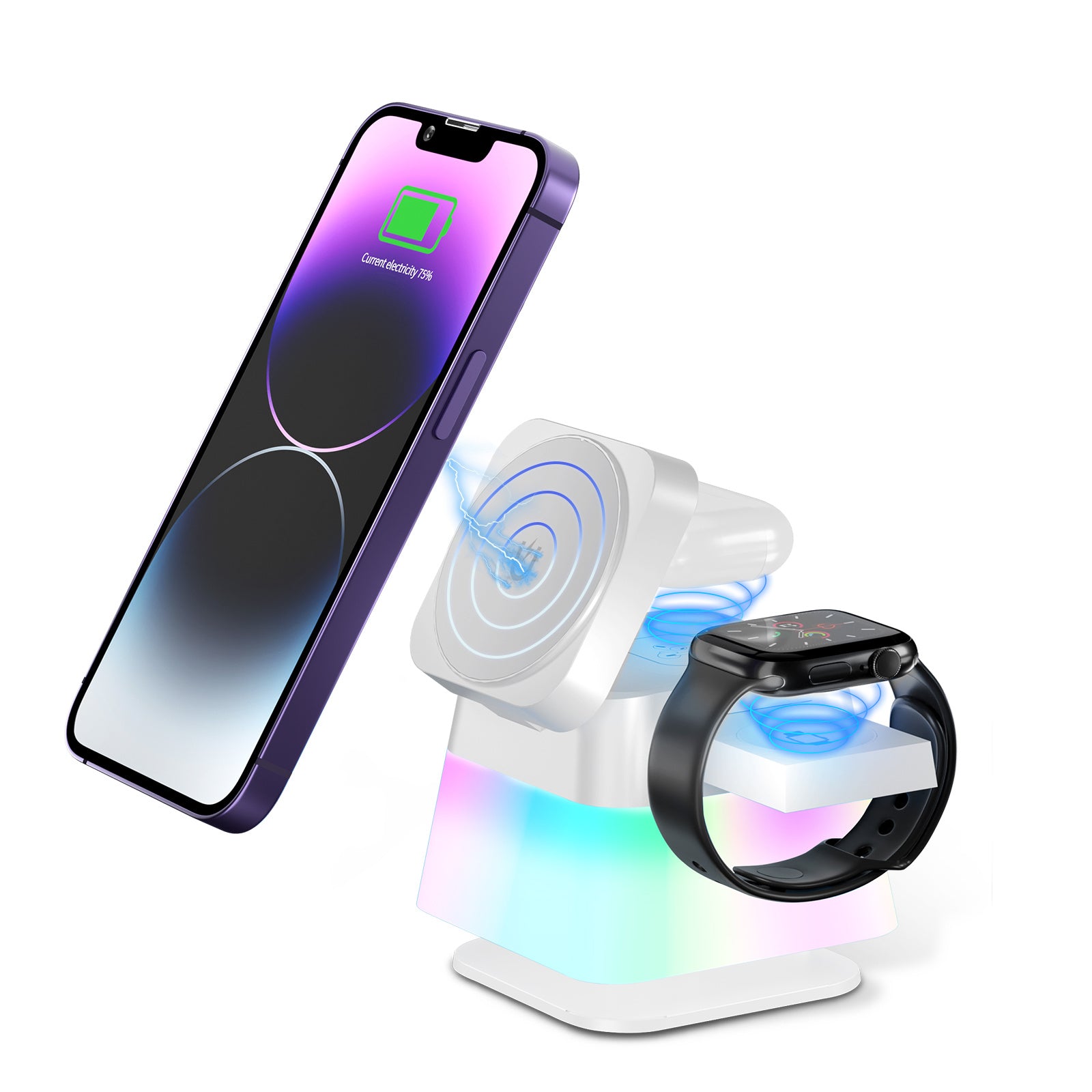 4 In 1 Rotatable Colorful Lighting Wireless Charger Stand For Phone 15 14 13 12 Pro Max 8 7 Holder Magnetic Fast Charging Station - Nyaabs