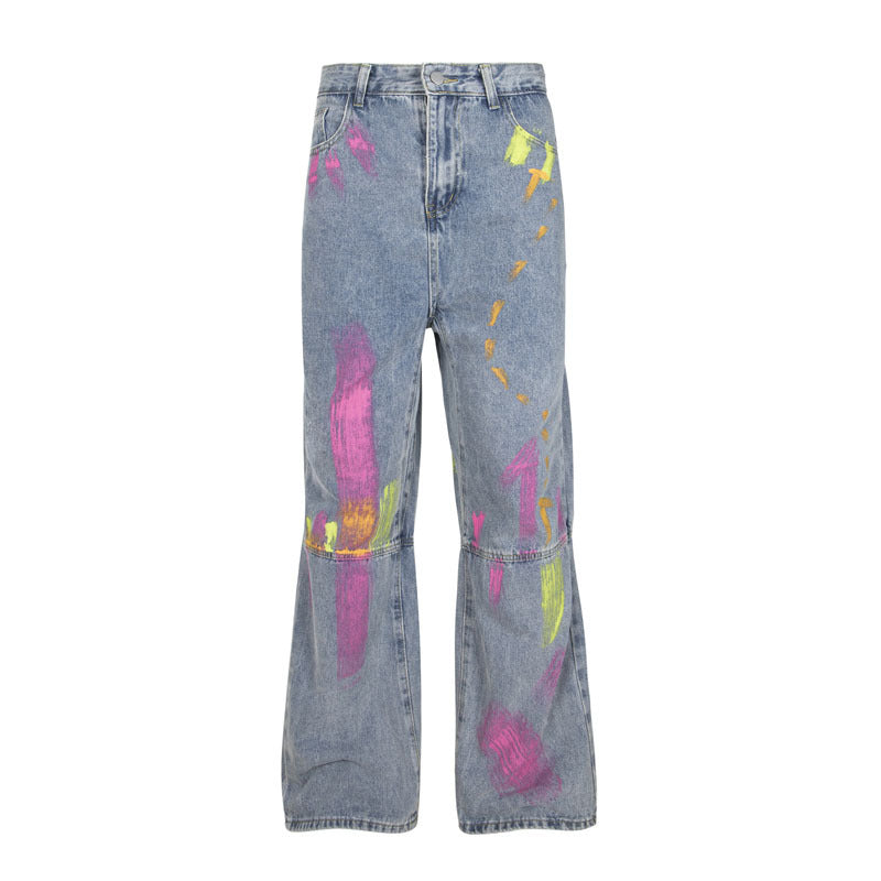 American Style Retro Street Hip Hop Graffiti Printing Loose Jeans For Men And Women - Nyaabs