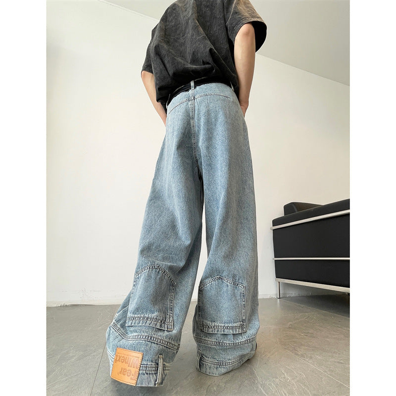 Retro Reverse Pocket Flip-down Jeans Men's Washed Wide-leg Pants - Nyaabs