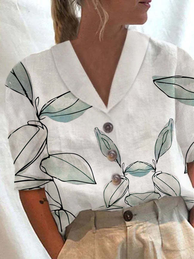 Women's Stand Collar Button Casual Half-sleeve Cotton And Linen Printed Short-sleeved Shirt - Nyaabs