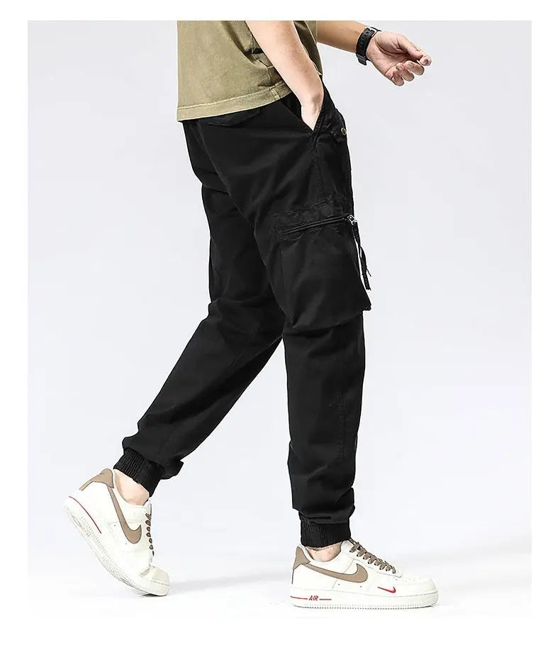 Casual Pants Trendy Brand Elastic Waist Men's Youth Simple Pure Cotton Multi-pocket Work Pants Trousers Ankle-tied - Nyaabs