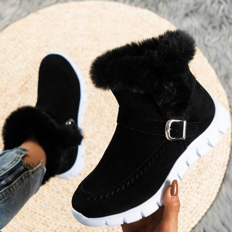 New Snow Boots Winter Warm Thickened Solid Color Plush Ankle Boots With Buckle Design Plus Velvet Flat Shoes For Women - Nyaabs