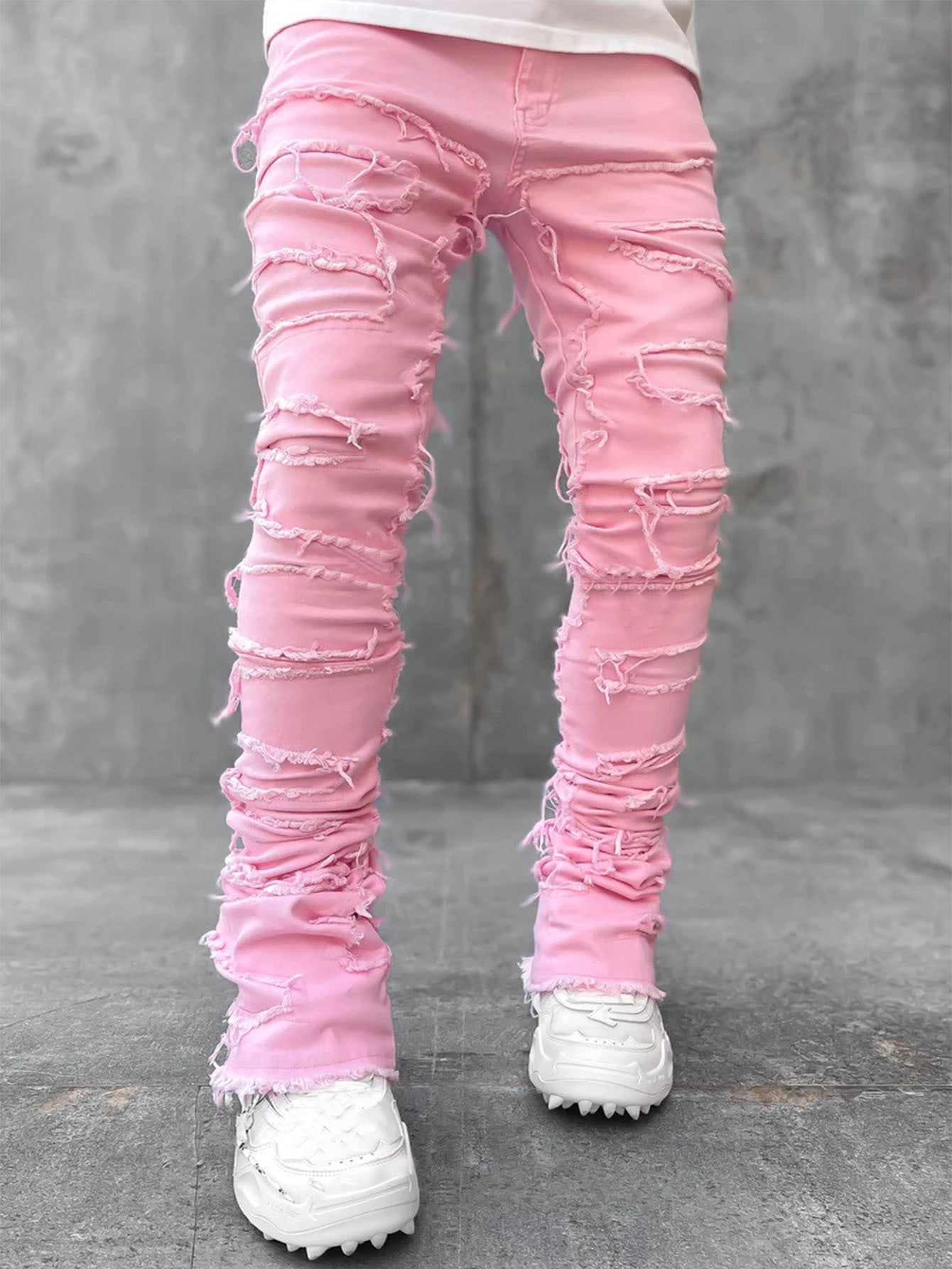 Men Trousers Individual Patched Pants Long Tight Fit Stacked Jeans For Mens Clothing - Nyaabs