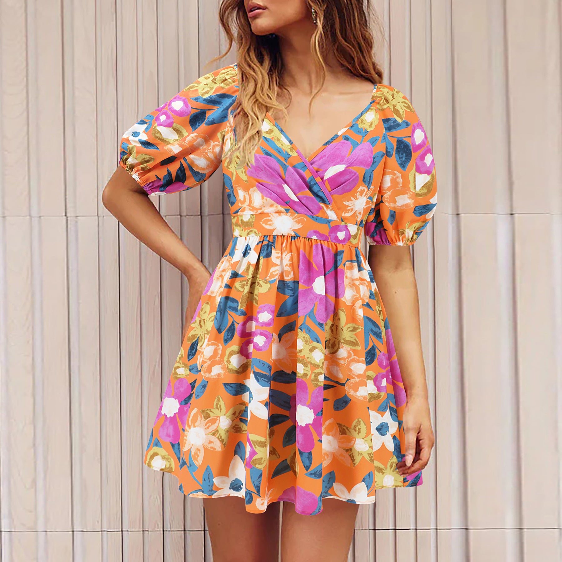 Flowers Print V-Neck Lantern-sleeve Dress Y2K Summer Vacation Beach Short Dresses Fashion Womens Clothing - Nyaabs