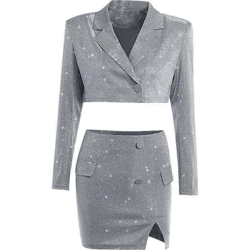 Sexy Cutout V-neck Long Sleeve Slim-fit Shiny Suit Top Skirt Two-piece Suit - Nyaabs