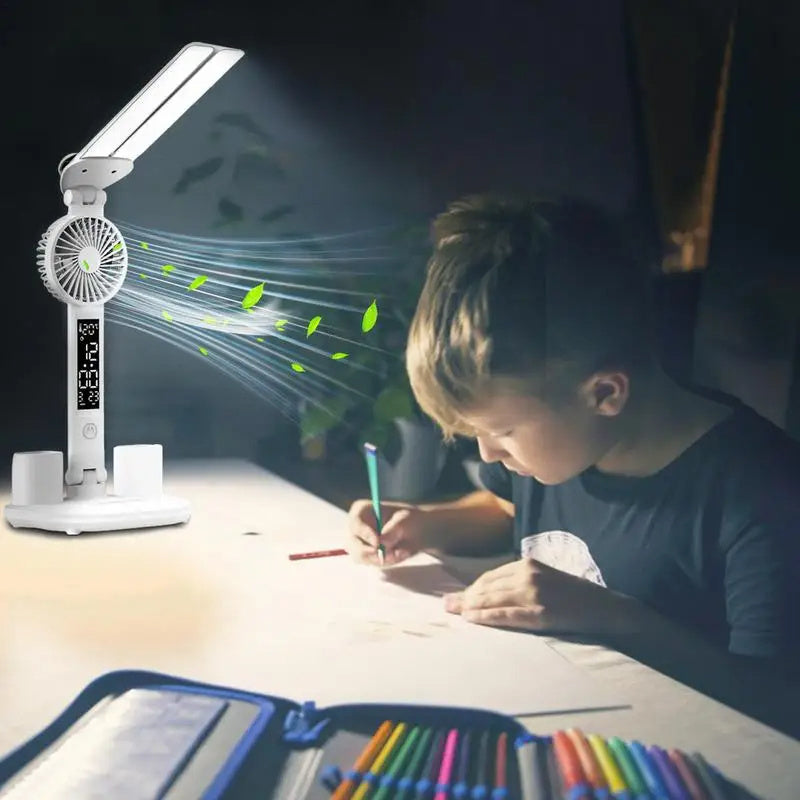 Foldable LED Table Light Eye Protection Multifunction Desk Lamp With Thermometer Calendar Fan Pen Holder Study Reading Fan Light - Nyaabs